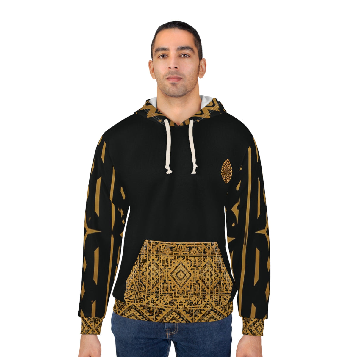 Gold Aztec Tribal Pattern Hoodie | Black and Amber Aztec Pullover