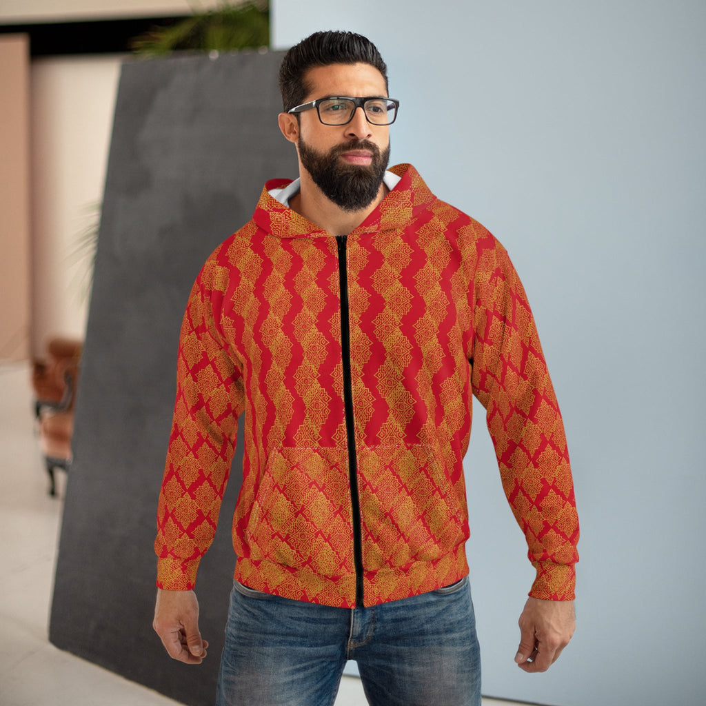 StoneYer Unity Zip Hoodie - Bold Orange Patterned Full-Zip Hoodie