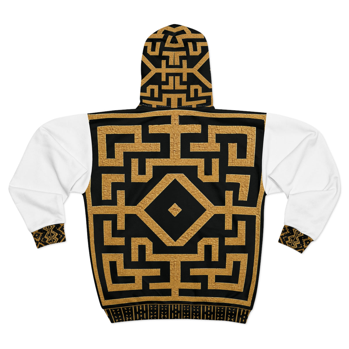 Geometric Ancient African Kuba inspired Pattern Zip Hoodie | Black Gold Maze Design