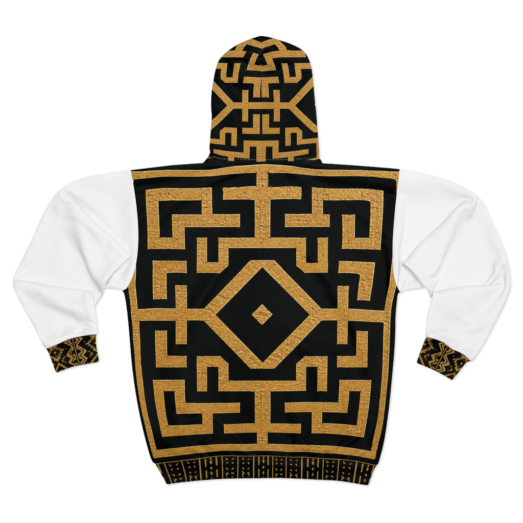 Geometric African Kuba Pattern Zip Hoodie | Black Gold Maze Design