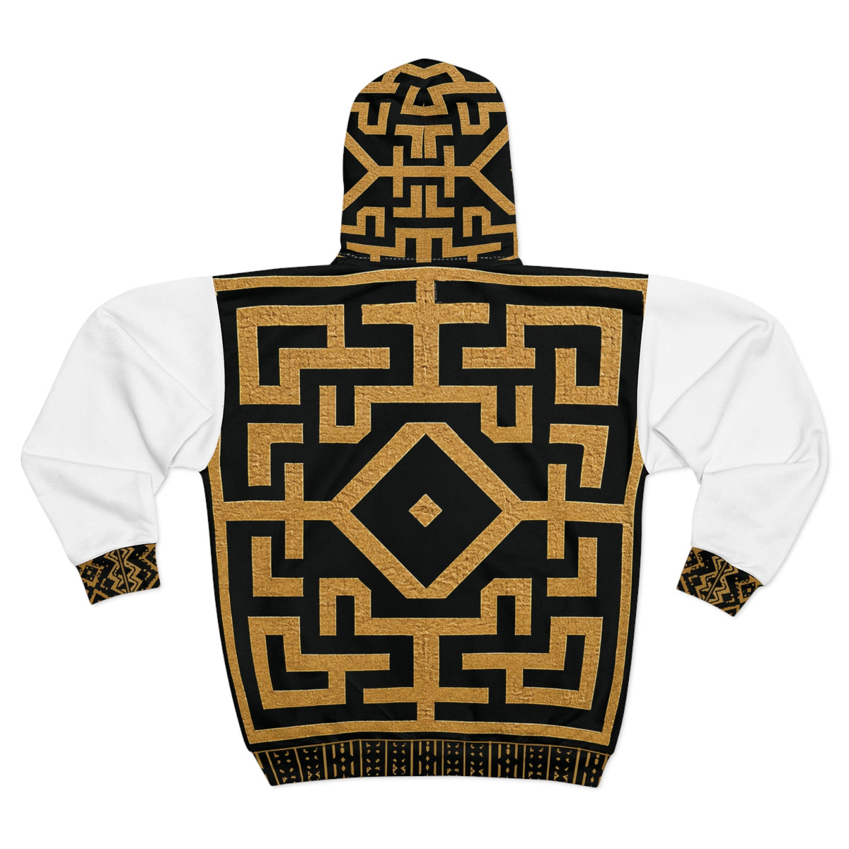 Geometric African Kuba Pattern Zip Hoodie | Black Gold Maze Design