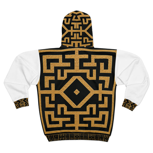 Geometric African Kuba Pattern Zip Hoodie | Black Gold Maze Design