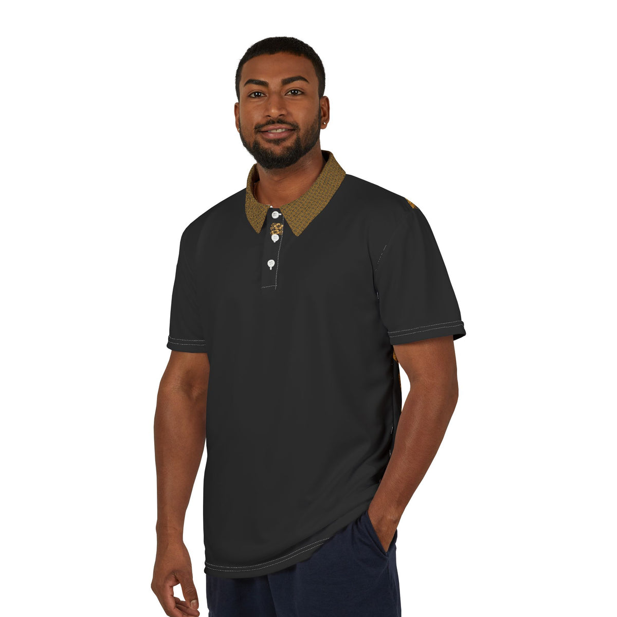 Gold Geometric Collar and Sleeve Polo Shirt | White Polo
