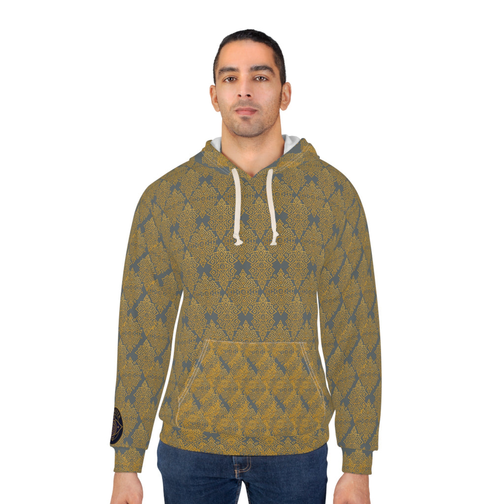 StoneYer Unity in Power Knit-Pattern Hoodie – Vintage Mustard All-Over Print