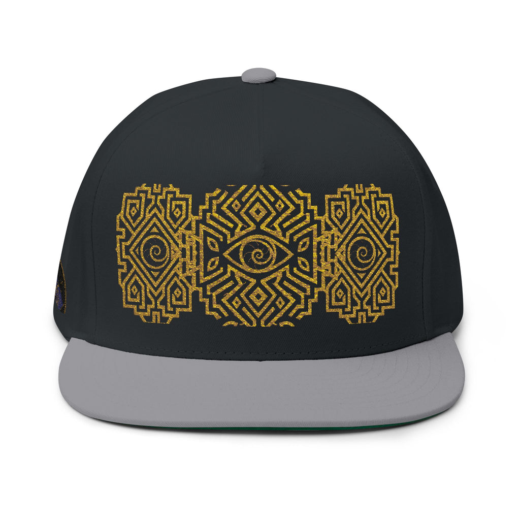 Geometric All-Seeing Eye Embroidery Flat Bill Cap | Aztec-Inspired Symbol