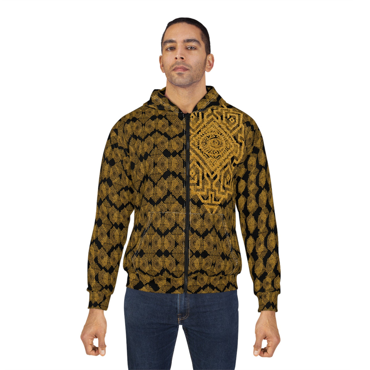 StoneYer Protect Power Golden Tribal Eye Zip Hoodie — All-Over Print Boho Zip-Up