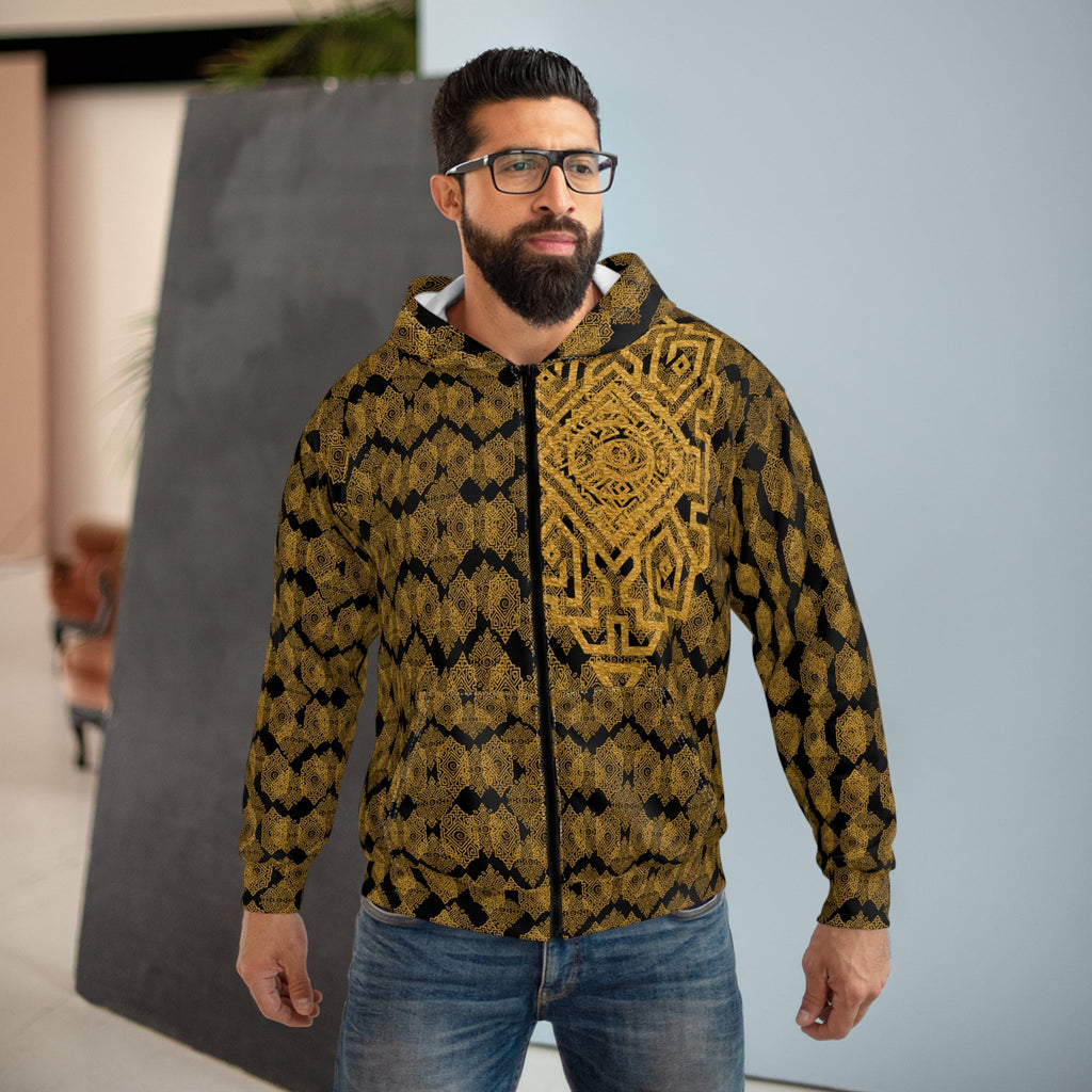 StoneYer Protect Power Golden Tribal Eye Zip Hoodie — All-Over Print Boho Zip-Up