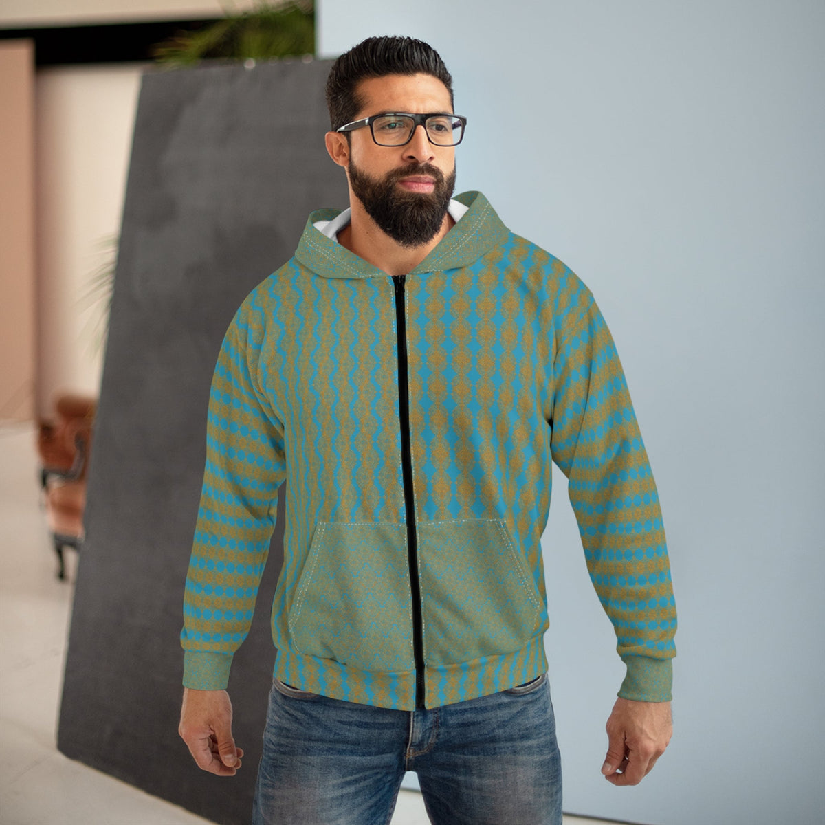 Stoneyer Striped Zip Hoodie — Green & Gold All-Over Print
