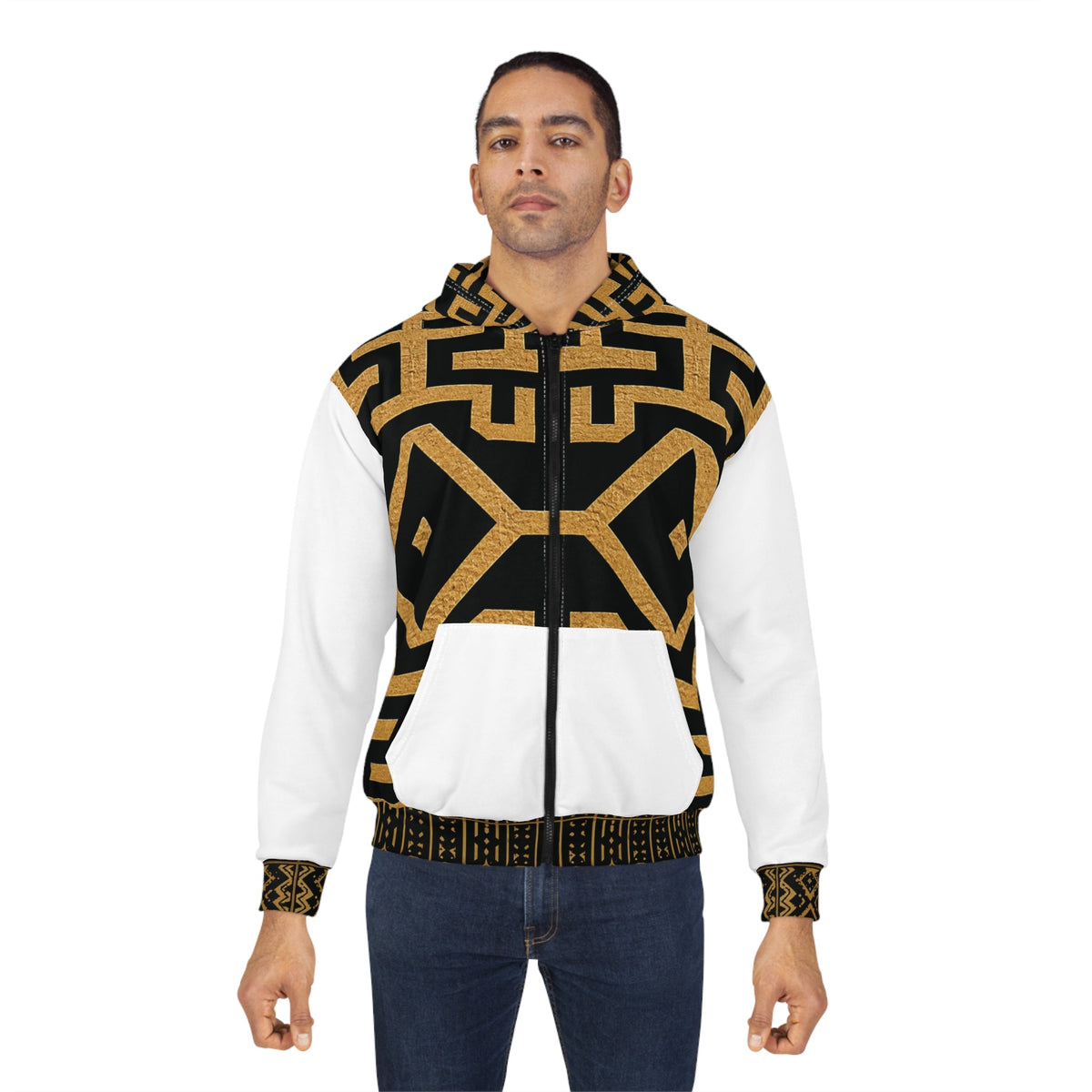 Geometric African Kuba Pattern Zip Hoodie | Black Gold Maze Design