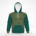 A dark green pullover hoodie with a yellow geometric patterned chest panel, sleeves, and hem, featuring white drawstrings and a white inner hood lining, shown on a plain white background.
