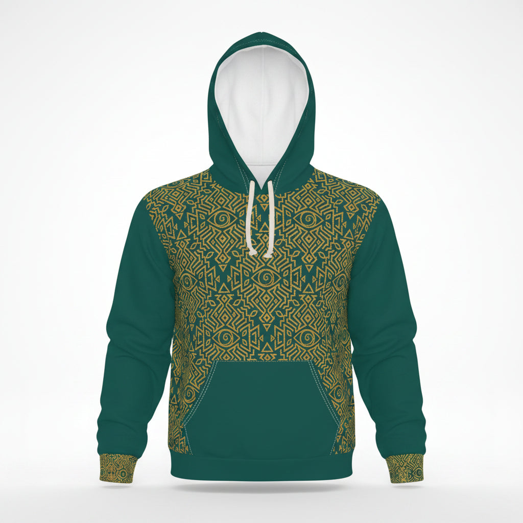 A dark green pullover hoodie with a yellow geometric patterned chest panel, sleeves, and hem, featuring white drawstrings and a white inner hood lining, shown on a plain white background.