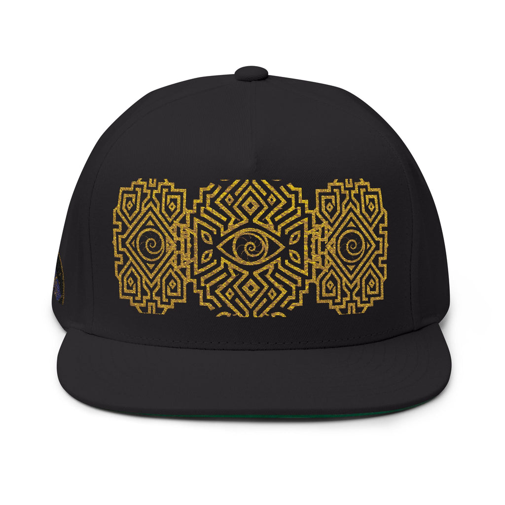 Geometric All-Seeing Eye Embroidery Flat Bill Cap | Aztec-Inspired Symbol