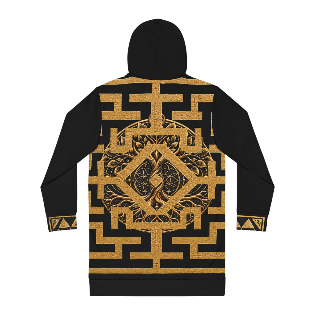 Lum lum Gold Hibiscus Tribal Pattern Hoodie Dress | Floral Geometric AOP