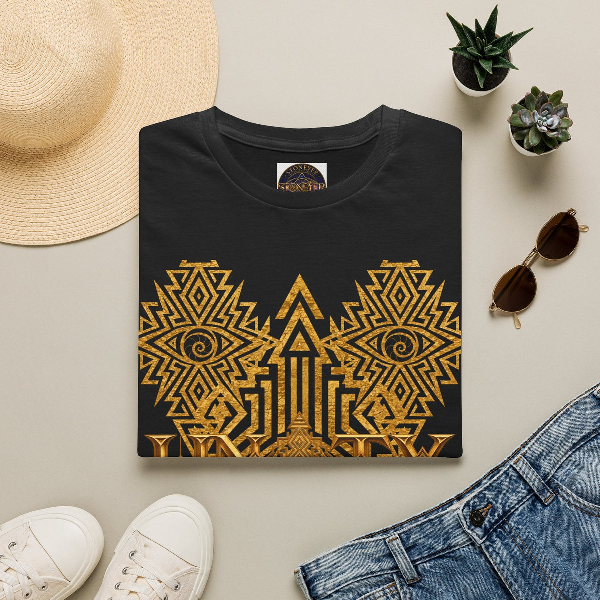 Protection Masculine Geometric  T-Shirt — Sacred Symbol Tee with Mandala Center