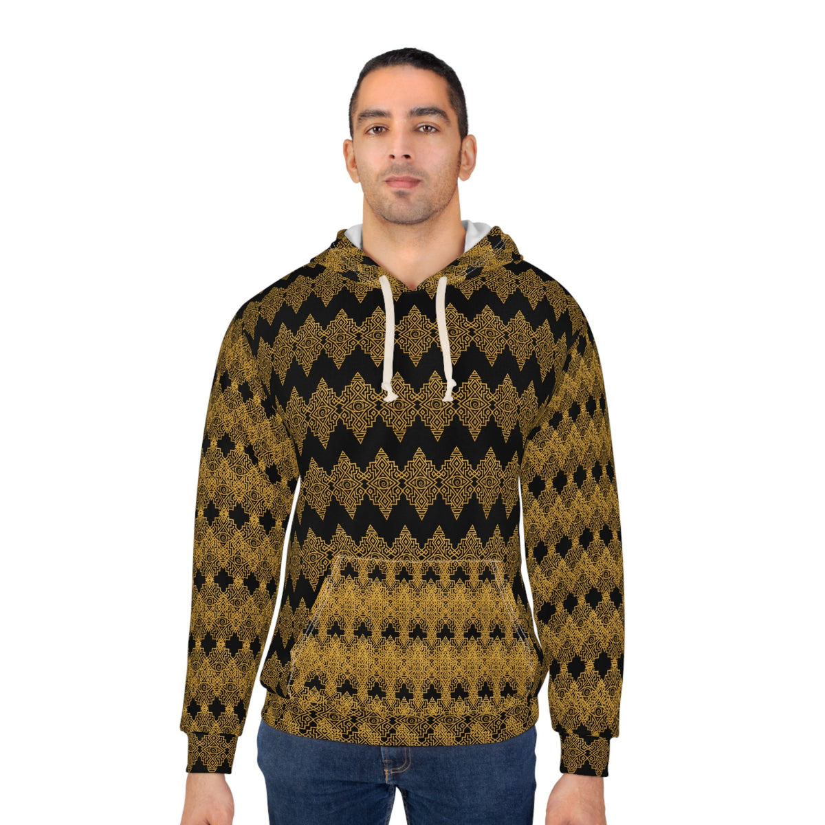 StoneYer Unity Pattern Hoodie — Gold & Black Vintage Geometric Pullover