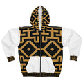 Geometric African Kuba Pattern Zip Hoodie | Black Gold Maze Design