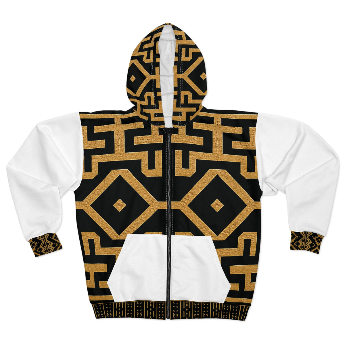 Geometric African Kuba Pattern Zip Hoodie | Black Gold Maze Design