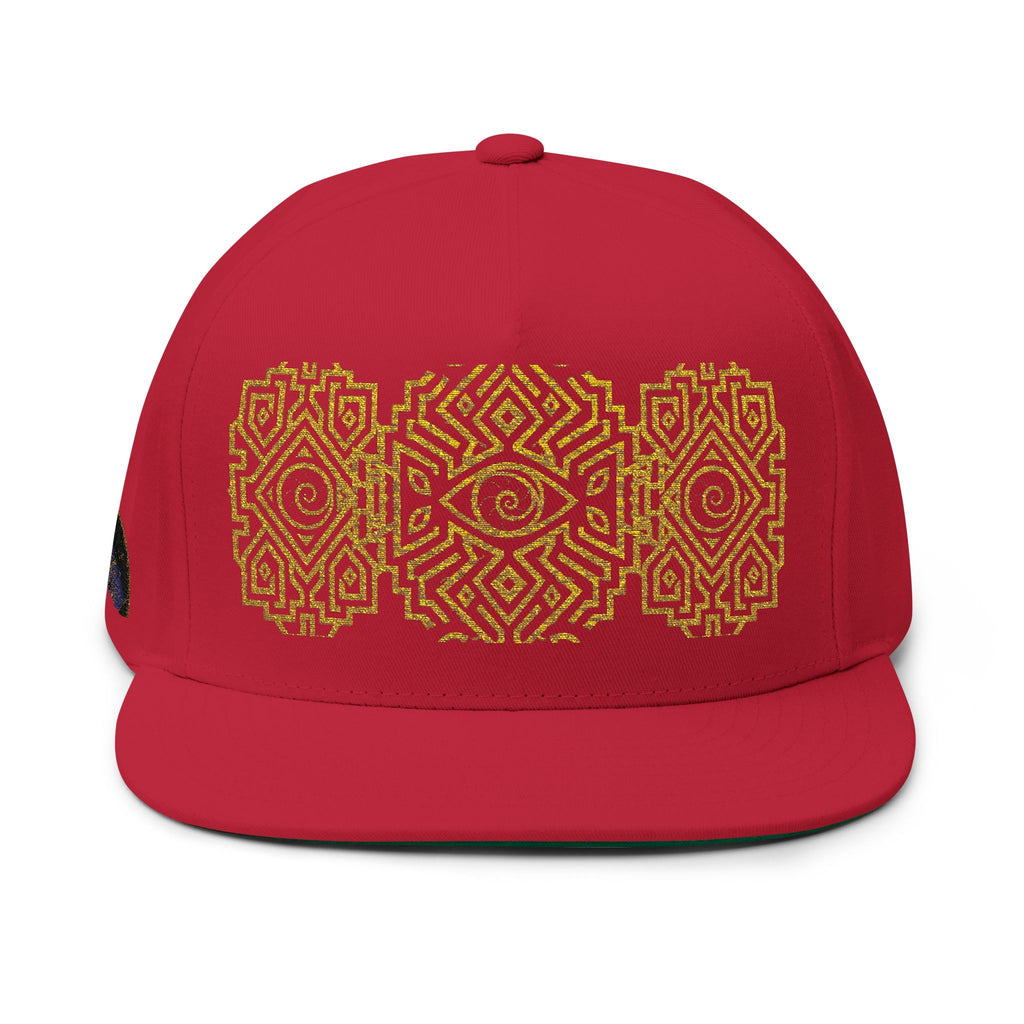 Geometric All-Seeing Eye Embroidery Flat Bill Cap | Aztec-Inspired Symbol