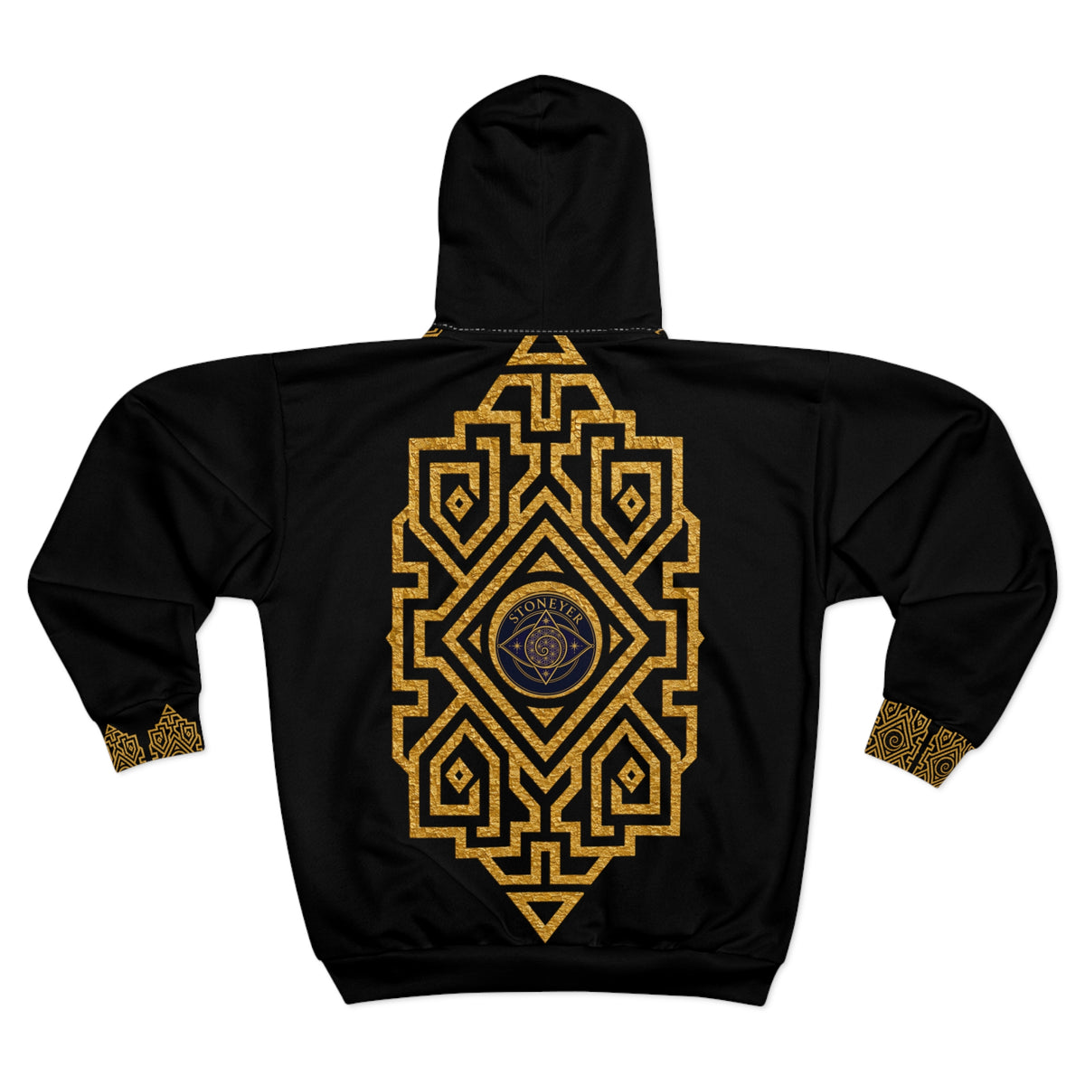 Gold Geometric  Pattern Zip Hoodie | Black Zip Hoodie