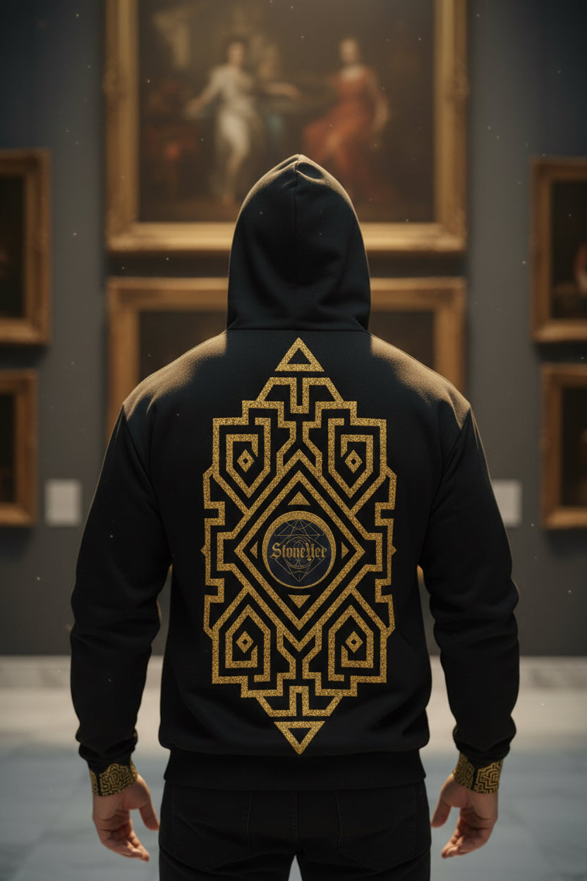 Gold Geometric  Pattern Zip Hoodie | Black Zip Hoodie