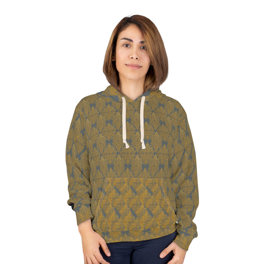 StoneYer Unity in Power Knit-Pattern Hoodie – Vintage Mustard All-Over Print