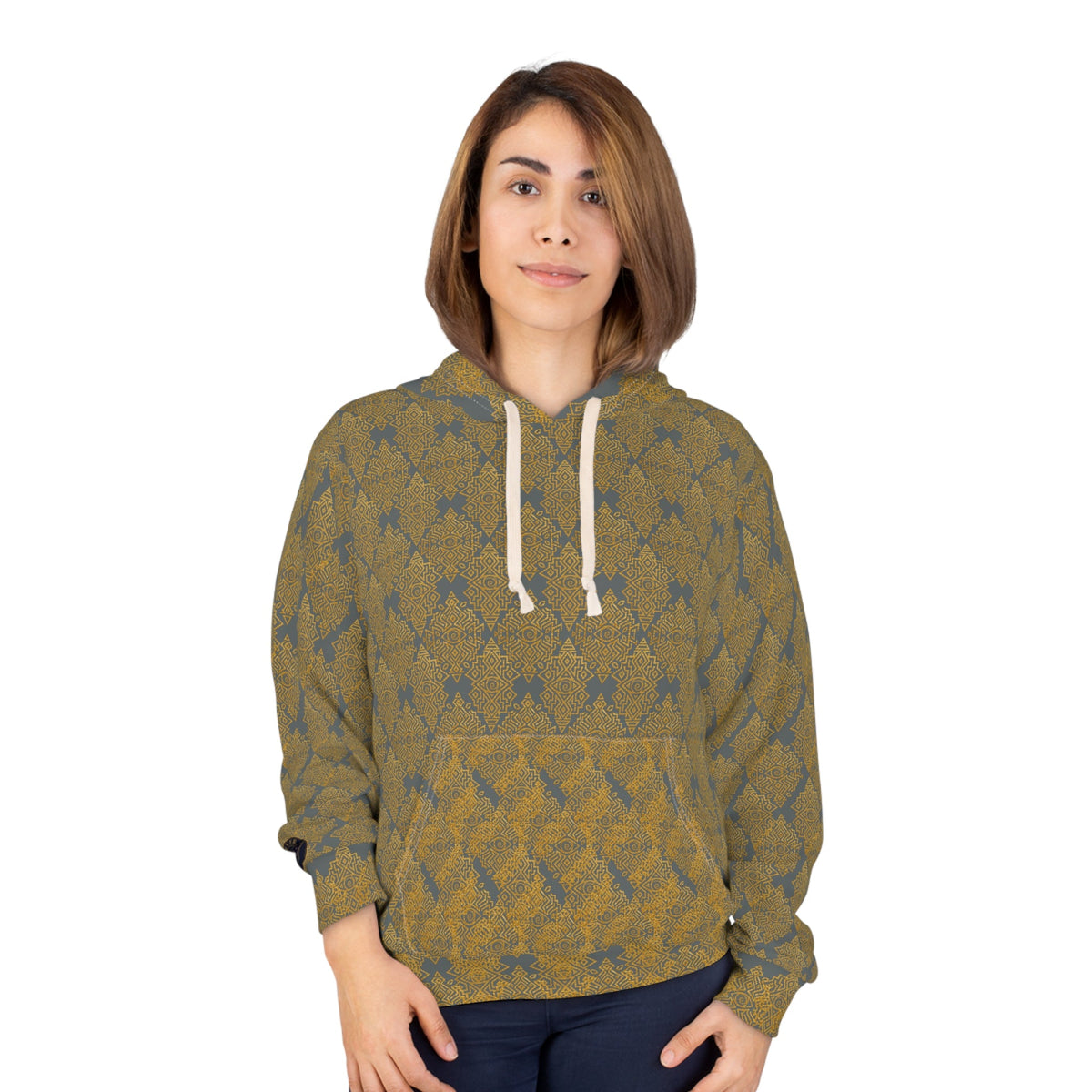 StoneYer Unity in Power Knit-Pattern Hoodie – Vintage Mustard All-Over Print