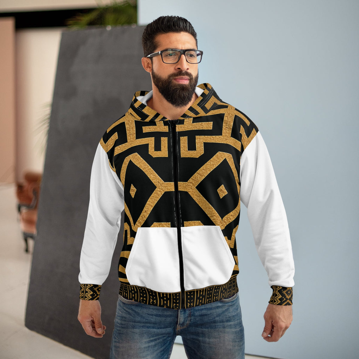 Geometric African Kuba Pattern Zip Hoodie | Black Gold Maze Design