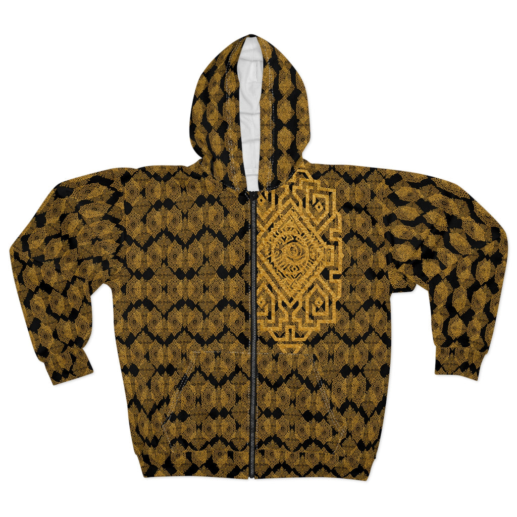 StoneYer Protect Power Golden Tribal Eye Zip Hoodie — All-Over Print Boho Zip-Up